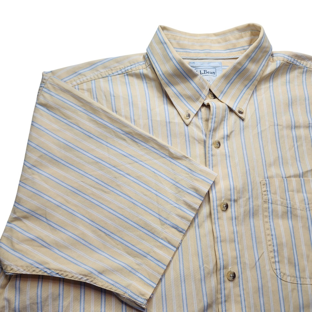 LL Bean Mens L Tall Yellow‎ Blue Stripe Short Sleeve Button Down Shirt Casual